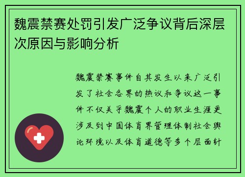 魏震禁赛处罚引发广泛争议背后深层次原因与影响分析